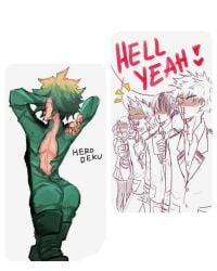 4boys ass bakugou_katsuki blush blush_lines boku_no_hero_academia eijirou_kirishima english_text femboy hero_outfit_(mha) izuku_midoriya katsuki_bakugou kirishima_eijirou male male_focus male_only midoriya_izuku multiple_boys my_hero_academia nosebleed ochako_uraraka phone school_uniform shouto_todoroki smartphone todoroki_shouto undressing unzipped_bodysuit uraraka_ochako watching