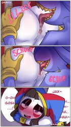 ass ass_grab bed bedroom breasts clothed_sex clown comic comic_page english english_text eyes gloves jax_(the_amazing_digital_circus) jester jester_hat maybile maybilecandy open_eyes oral oral_insertion oral_sex pomni_(the_amazing_digital_circus) pussy pussy_focus shoes straight text text_box text_bubble the_amazing_digital_circus the_welcome_gift tongue twitter twitter_username vagina vaginal_penetration