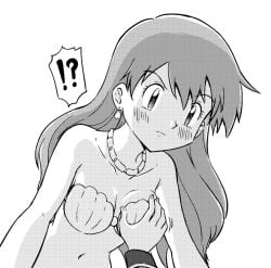 armpits bare_shoulders bikini blush breast_grab breasts clavicle clothing cowgirl_position female female_focus game_freak grabbing grabbing_another's_breast groping gym_leader kasumi_(pokemon) long_hair misty_(pokemon) monochrome navel nintendo on_top pokemon pokemon_(anime) pokemon_(game) pokemon_rgby protagonist_(pokemon) seashell shell shell_bikini simple_background sungyeah swimsuit third-party_edit white_background