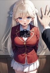 against_wall ai_generated black_ribbon blonde_hair blue_eyes classroom_of_the_elite hair_ribbon long_hair nanase_tsubasa nervous_female open_mouth pressured red_blazer white_skirt youkoso_jitsuryoku_shijou_shugi_no_kyoushitsu_e