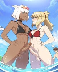 1boy 2futas abs animal_ears balls big_breasts big_penis bikini bikini_top black_bikini blonde_hair blue_eyes blue_sky braid breast_size_difference breasts caenis_(fate) catfight clothed clothing dark-skinned_futanari dark_skin duo_focus edit edited erection fate_(series) foreskin frottage frotting futa_focus futanari futmad_(editor) hair_intakes hand_on_hip hands_on_hips human hyperbudd light-skinned_futanari light_skin long_hair low-angle_view medium_breasts mordred_(fate) mordred_(swimsuit_rider) mostly_nude multiple_girls multiple_penises muscular muscular_futanari navel ocean partial_male partially_submerged penis penis_size_difference ponytail red_bikini request rivals short_hair size_difference sky standing staredown swimsuit testicles touching_penises uncensored wading water wet white_hair