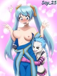 2girls alternate_version artist_name assisted_exposure big_breasts blue_eyes blue_hair blush bouncing_breasts breasts breasts_out breasts_out_of_clothes clothes_pull crossed_eyes cyan_hair dress_pull embarrassed embarrassed_nude_female enf exposed_breasts exposed_shoulders female female_only forced_exposure happy jinx_(league_of_legends) league_of_legends low_res mischevious multiple_girls nipples pale-skinned_female pale_skin prank public public_nudity riot_games scy_25 simple_background sona_buvelle source_request suddenly_topless surprised surprised_expression thick_thighs tongue tongue_out topless topless_female topwear_pull tumblr tumblr_username twintails w_arms wavy_mouth wide_hips