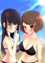 2girls beach big_breasts bikini black_bikini black_hair blue_bikini blush brown_eyes brown_hair embarrassed green_eyes hifumi_togo long_hair persona persona_5 sadayo_kawakami short_hair takeminaieeru