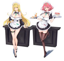 2girls apron blonde_hair breasts cake core_crystal earrings enmaided feichu_keju food high_heels holding_plate large_breasts long_hair looking_at_viewer maid maid_apron maid_headdress maid_uniform mythra nintendo orange_juice plate pyra red_eyes red_hair short_hair thigh_strap thighhighs tiara xenoblade_(series) xenoblade_chronicles_2 yellow_eyes