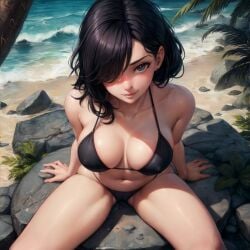 1girls ai_generated arm_support beach bikini black_bikini black_hair breasts busty cameltoe cleavage collarbone covered_nipples doomer_girl ear_piercing female foliage from_above futanari_version_available goth hair_behind_ear hair_over_one_eye jetty leaning leaning_forward light-skinned_futanari light_skin looking_at_viewer multicolored_eyes navel ocean outdoors outside perspective plant pussy rock sand sitting smile smiling smiling_at_viewer solo solo_female straps swimsuit swimwear tropical two_piece_swimsuit twoderrick waves