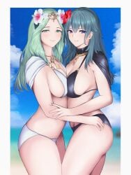 2girls alternate_costume anesaki beach bikini black_bikini black_swimsuit blue_hair blue_sky border breast_press breasts byleth_(female)_(fire_emblem) byleth_(female)_(summer)_(fire_emblem) byleth_(fire_emblem) byleth_(fire_emblem)_(female) cleavage closed_mouth day female female_only fire_emblem fire_emblem:_three_houses fire_emblem_heroes flower green_eyes green_hair hair_flower hair_ornament hibiscus highres jewelry large_breasts long_hair looking_at_viewer multiple_girls necklace nintendo ocean official_alternate_costume outdoors purple_eyes rhea_(fire_emblem) rhea_(summer)_(fire_emblem) sky smile swimsuit symmetrical_docking thighs white_bikini white_swimsuit