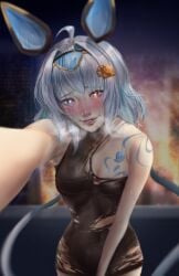 blush bunny_ears hair_ornament heart-shaped_pupils heterochromia holding_camera huff in_heat indie_virtual_youtuber looking_at_viewer mn37490 ragged_clothing sayu_sincronisity sci-fi short_hair small_breasts smile tattoo torn_clothes virtual_youtuber vtuber white_hair white_skin