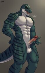 abs anthro balls claws erection fangs genitals green_body green_scales hi_res humanoid_genitalia humanoid_penis kraidhiel lizard looking_down male nude pecs penis reptile scales scalie sharp_teeth solo standing stripes teeth