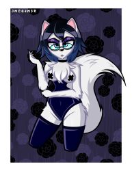 black_hair blue_eyes chocker furry furry_female glasses grey_fur jmcg4m3r milf purple_eyeshadow purple_legwear purple_leotard taped_nipples thick_thighs thighhighs yukiuwus_mom