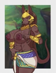 abs anthro anubian_jackal areola bedroom_eyes big_breasts bottomwear breasts canid canine canis clothed clothing female gesture headgear headwear hi_res jackal league_of_legends loincloth looking_at_viewer mammal mtf_crossgender muscular muscular_female narrowed_eyes nasus nipples partially_clothed pose red_eyes riot_games robe rule_63 seductive serratus simple_background smile solo spoldier suggestive suggestive_gesture tail thick_thighs