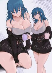 1girls alternate_costume bare_shoulders black_sweater blue_eyes blue_hair breasts byleth_(female)_(fire_emblem) byleth_(fire_emblem) byleth_(fire_emblem)_(female) christmas cleavage cup english_commentary feet_out_of_frame female female_only fire_emblem fire_emblem:_three_houses grey_background grey_tank_top highres holding holding_cup large_breasts long_hair long_sleeves looking_at_viewer mug nintendo off-shoulder_sweater off_shoulder solo standing strap_slip sweater tank_top thighs vialnite