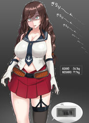 belt big_breasts blue_eyes braided_hair braided_twintails braids brown_hair female female_only garter_straps gloves japanese_text kantai_collection long_hair naval_uniform navel necktie noshiro_(kantai_collection) one_thighhigh pleated_skirt ryuun_(stiil) sailor_collar scale sidelocks sleeveless_shirt solo text thighhighs translated trembling weighing_scale weight_conscious white_gloves