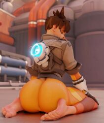 1girls 3d 3d_(artwork) ass barefoot big_ass blender brown_hair brown_jacket colonelyobo epiccino feet female french_nails gauntlets goggles jacket jumpsuit kneeling light-skinned_female light_skin looking_back orange_clothing orange_goggles orange_jumpsuit overwatch overwatch_2 rear_view solo tracer