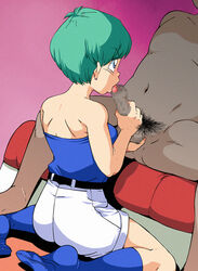 1boy 1girls blowjob blue_crop_top blue_eyes blue_hair blush bulma_briefs bulma_briefs_(beginnings_of_dragon_ball_z) censored censored_penis clothing cupping_balls dark-skinned_male dark_skin dragon_ball dragon_ball_z faceless_male fellatio female female_focus licking_penis male old_school_academy on_knees oral penis pubic_hair short_hair short_shorts shounen_jump socks tubetop