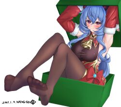 1girls ahoge armpits arms_behind_head arms_up artist_name bangs bell blue_hair blush bodystocking box breasts christmas detached_sleeves feet ganyu_(genshin_impact) genshin_impact gift goat_horns horns in_box in_container large_breasts long_hair looking_at_viewer naeng-go neck_bell no_shoes pantyhose present present_box purple_eyes sitting smile soles solo toes vision_(genshin_impact)