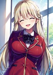 ai_generated black_ribbon blonde_hair blush classroom_of_the_elite closed_eyes female hair_ribbon laughing long_hair nanase_tsubasa open_mouth red_blazer smiling_at_viewer solo_female solo_focus youkoso_jitsuryoku_shijou_shugi_no_kyoushitsu_e