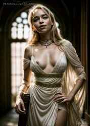 1girls ai_generated big_breasts celebrity cleavage daenerys_targaryen detailed dress female female_only game_of_thrones hourglass_figure human human_only light-skinned_female light_skin logart nipple_slip nipples real_person seductive sensitive solo stable_diffusion