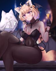 1girl :3 ahoge animal_ear_fluff animal_ears bangs bare_shoulders bat_wings black_gloves black_legwear black_leotard blonde_hair blurry blurry_background blush breasts brown_hair brown_legwear cat_ears cat_tail catgirl choker cleavage closed_mouth collarbone crossed_legs cup demon_girl demon_tail demon_wings drinking_glass eyebrows_visible_through_hair face_markings facial_mark fang feet_out_of_frame female_only gloves hair_ornament head_wings heart-shaped_pupils holding holding_cup leotard looking_at_viewer medium_breasts multicolored_hair navel night outdoors pantyhose pink_eyes red_eyes short_hair sitting sky smile solo squchan_(vtuber) strapless strapless_leotard symbol-shaped_pupils tail virtual_youtuber vyugen wine_glass wings