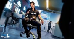 3d 3d_model 4boys brown_eyes brown_hair cop cop_outfit cum cum_on_thigh cum_stain cumming daemoncollection detroit:_become_human gavin_reed handcuffed handcuffs hard_on leaking_cum male male_only middle_finger police police_badge police_officer police_uniform policeman public public_indecency sitting_in_chair