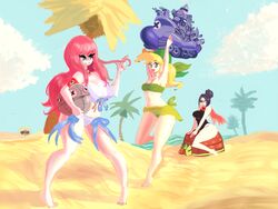 1boy 2018 3girls abigail_(metal_slug) aqua_eyes beach big_breasts black_bikini black_hair blonde_hair eri_kasamoto green_bikini happy metal_slug metal_slug_attack pink_hair short_hair sitting small_bikini snk summer thick_thighs thighhighs unknown_artist white_bikini yoshino_(metal_slug)