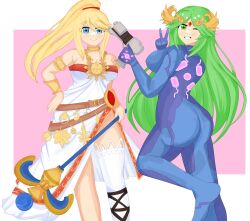 2girls alternate_costume ass back backboob big_ass big_breasts big_butt big_thighs blonde_hair blue_eyes bodysuit breasts butt clothing company_connection crossover curvy dress duo eyebrows_visible_through_hair eyes_visible_through_hair female female_only green_eyes green_hair ivanpaw kid_icarus laurel_crown light-skinned_female light_skin long_hair looking_at_viewer looking_back looking_back_at_viewer metroid nintendo one_eye_closed palutena palutena_(cosplay) ponytail samus_aran samus_aran_(cosplay) simple_background staff stocking strapless_dress thick thick_ass thick_butt thick_hips thick_thighs thighhigh thighs tied_hair v very_long_hair white_dress wide_hips wink winking_at_viewer zero_suit