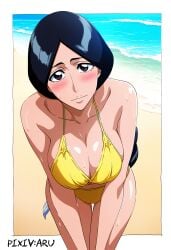 1girls ai_generated artist_name aru117 beach bent_over big_breasts bikini bikini_bottom bikini_top black_hair bleach bleach:_the_thousand-year_blood_war breast_focus breasts cleavage commentary female female_only huge_breasts light-skinned_female light_skin looking_at_viewer mature mature_female mature_woman milf nai_diffusion ocean oppai outdoors pinup pixiv_username revealing_swimsuit sand seaside seductive seductive_look seductive_smile skimpy skimpy_bikini smile solo solo_focus stable_diffusion standing unohana_retsu water watermark