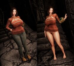 3d barefoot bethesda_softworks bottomless_female breast_focus emotrashcan fallout half_naked large_breasts no_panties no_pants screenshot shirt_only skyrim sweater sweater_only vault_dweller