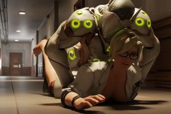 ambiguous_penetration angela_ziegler badrileywriting blender blonde_hair dubious_consent genji glasses labcoat mercy overwatch overwatch_2 partially_clothed prone_bone tagme