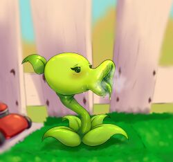 bedroom_eyes bimbo_lips bulkrolly drooling female garden green_body leaves open_mouth outside peashooter_(pvz) plant plants_vs_zombies pvz saliva saliva_drip saliva_trail steam steamy_breath tongue tongue_out