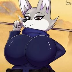 absurd_res anthro big_breasts breasts canid canine clothed clothing detailed_background digital_media dreamworks female fennythefox fox fur glistening glistening_body hi_res huge_breasts kung_fu_panda kung_fu_panda_4 looking_at_viewer mammal simple_background smile solo thick_thighs topwear zhen_(kung_fu_panda)