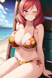 ai_generated beach bikini blush cowboy_shot female huge_breasts kurodex love_live! love_live!_school_idol_project nishikino_maki purple_eyes red_hair seaside seductive_look seductive_smile sitting smile solo thick_legs wide_hips wink