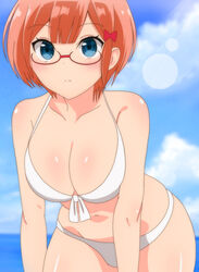 1girls bespectacled bikini bokutachi_wa_benkyou_ga_dekinai breasts female female_only front-tie_bikini glasses looking_at_viewer mostly_nude ogata_rizu_(bokuben) outdoors outside short_hair solo white_bikini