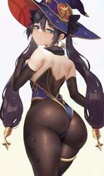 1girls ass big_ass clothed clothing earrings female_only genshin_impact looking_at_viewer mona_(genshin_impact) solo solo_female tight_clothing tights whisperingfornothing