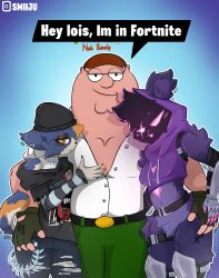 1boy 2girls animal_ears animal_tail anthro arms_around_partner artist_name belt buff cat cat_tail comedy crossover english_text family_guy feline feline_tail female fluffy fortnite funny furry gloves goes_hard hard_image human male male_human/female_anthro meme meow_skulls_(fortnite) necklace peter_griffin peter_griffin_(fortnite) raven_team_leader sharkussy_ shitpost smiiju tail text torn_clothes torn_clothing what