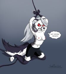 1girls angry anthro bondage bound breasts canid_demon demon grey_hair hair hellhound helluva_boss leggings legwear loona_(helluva_boss) nipples red_sclera sadtoasterr teeth tied tied_up toe_claws topless vivienne_medrano white_eyes