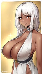 1girls azur_lane cleavage curvy dark-skinned_female dark_skin dress eagle_union_(azur_lane) eyebrows_visible_through_hair female female_only fully_clothed halter_top huge_breasts long_hair looking_at_viewer massachusetts_(azur_lane) massachusetts_(dressed_to_impress)_(azur_lane) native_american orange_eyes roresu smiling solo thick_thighs white_hair