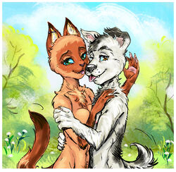 anthro black_eyes black_nose blue_eyes breasts brown_eyes canid canine canis claws cuddling domestic_cat domestic_dog duo ear_piercing ear_ring edit fangs felid feline felis female flower grass green_eyes hug industrial_piercing kitten_named_woof liking looking_at_viewer male mammal nipples nude oneginat pawpads piercing pink_nose plant sharik smile soviet_cartoon soyuzmultfilm tongue tongue_out tree tuft