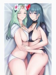 2girls alternate_costume anesaki bikini black_bikini black_swimsuit blue_hair border breast_press breasts byleth_(female)_(fire_emblem) byleth_(female)_(summer)_(fire_emblem) byleth_(fire_emblem) byleth_(fire_emblem)_(female) cleavage closed_mouth female female_only fire_emblem fire_emblem:_three_houses fire_emblem_heroes flower green_eyes green_hair hair_flower hair_ornament hibiscus highres jewelry large_breasts long_hair looking_at_viewer multiple_girls necklace nintendo official_alternate_costume purple_eyes rhea_(fire_emblem) rhea_(summer)_(fire_emblem) sheets smile swimsuit symmetrical_docking thighs white_bikini white_swimsuit