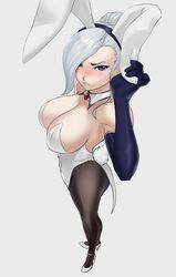 big_breasts blue_eyes blush bunny_ears bunnysuit elbow_gloves gloves hair_bun high_heels playboy_bunny rwby sinccubi solo stockings white_hair winter_schnee