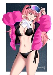 2d alternate_costume artist_name bikini black_bikini black_swimsuit blue_archive breasts cosplay crossover eimi_(blue_archive)_(cosplay) eimi_(swimsuit)_(blue_archive)_(cosplay) female female_only fire_emblem fire_emblem:_three_houses hilda_valentine_goneril light-skinned_female light_skin looking_at_viewer nintendo pale-skinned_female pale_skin pink_eyes pink_hair solo sonicheroxd swimsuit watermark