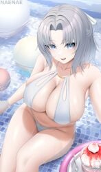 1girls ass bikini blue_eyes breasts bubble_butt dat_ass female fouriasensei grey_hair hi_res huge_breasts large_ass light-skinned_female light_skin naughty_face senran_kagura short_hair smile thick_thighs yumi_(senran_kagura)