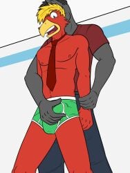 anthro avian bird bottomwear briefs briefs_only bulge bulge_grab clothed clothing detailed_bulge duo equid equine erection erection_under_clothing fully_clothed fuze genital_outline hi_res horse male male/male mammal necktie nipples pants penis_outline shirt t-shirt topless topwear tyler_(fuze) underwear underwear_only