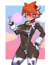 1girls atlas_(megaman) big_breasts cameltoe cow_print erect_nipples female leotard mega_man mega_man_zx_advent red_hair sling_bikini tagme tomboy ukimukai