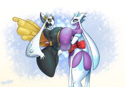 2girls anthro areola areolae arms_crossed ass big_breasts big_thighs black_skin blue_eyes breasts collarbone eye_contact female female_focus female_only frolass_(laranthrod) froslass garter_straps generation_4_pokemon giant_breasts gold_eyeshadow gold_wings hedi_(echovalia) hips huge_breasts huge_thighs ice laranthrod large_breasts large_thighs latiar legless loincloth multiple_girls nintendo nipples nipples_touching no_arms pokémon_(species) pokemon purple_body purple_skin skull thick_thighs thighhighs thighs wide_hips wings yellow_eyes yellow_sclera yukimenoko yuri