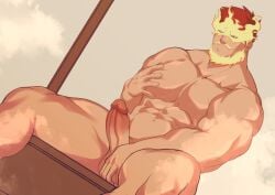 balls bara boner endeavor_(my_hero_academia) enji_todoroki erection facial_hair fire gafou01 male male_only muscles muscular my_hero_academia nude penis red_hair sitting solo solo_male