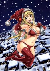 armpits bell_collar big_breasts bikini blonde_female christmas fairy_tail fur_trim heel_boots leather_bikini leather_boots leather_gloves lucy_heartfilia mashima_hiro official_art sack santa_costume santa_hat