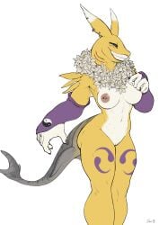 absurd_res anthro arm_fins armor bandai_namco clothing digimon digimon_(species) ear_piercing ear_ring fangs female fin fish fur gauntlets gills gloves handwear hi_res marine nipple_piercing nipples piercing renamon ring_piercing shark solo tail tail_fin teeth yellow