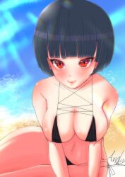 barely_contained_breasts beach black_bikini black_hair blush looking_at_viewer persona persona_5 red_eyes sand short_hair skimpy_bikini tae_takemi takeminaieeru