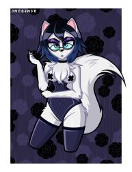 black_hair blue_eyes chocker furry furry_female glasses grey_fur grey_legwear grey_leotard jmcg4m3r milf purple_eyeshadow taped_nipples thick_thighs thighhighs yukiuwus_mom