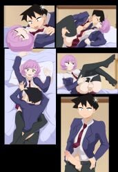 2boys ahoge balls bed beewhyohbee black_hair black_thighhighs childhood_friend clothed cock comic comic_page crossdressing cum cum_in_ass cum_inside erection femboy gay gay_sex komi-san_wa_komyushou_desu licking licking_chest light-skinned_femboy light-skinned_male light_skin no_dialogue no_text osana_najimi penis purple_hair school_uniform skirt tadano_hitohito testicles thighhighs toes_visible_through_clothing undressing white_panties yaoi